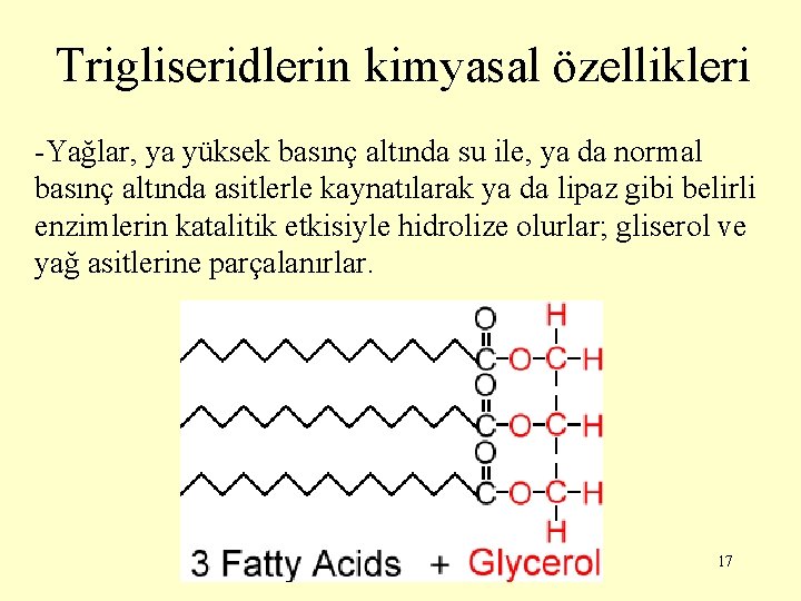 Trigliseridlerin kimyasal özellikleri -Yağlar, ya yüksek basınç altında su ile, ya da normal basınç