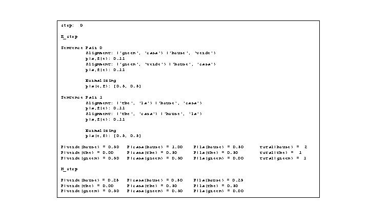 step: 0 E_step Sentence Pair 0 Alignment: ('green', 'casa') ('house', 'verde') p(a, f|e): 0.