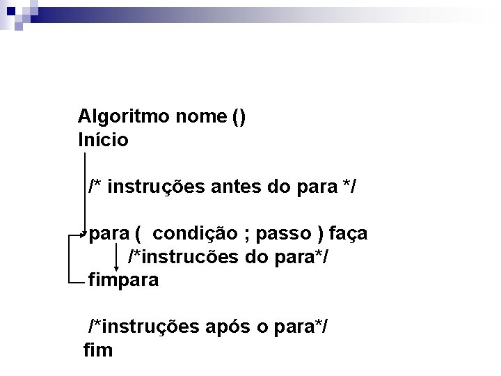 Algoritmo nome () Início /* instruções antes do para */ para ( condição ;