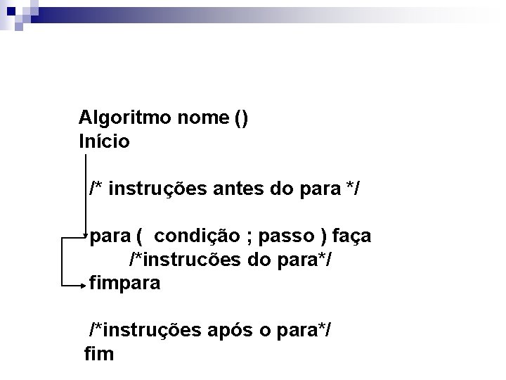 Algoritmo nome () Início /* instruções antes do para */ para ( condição ;