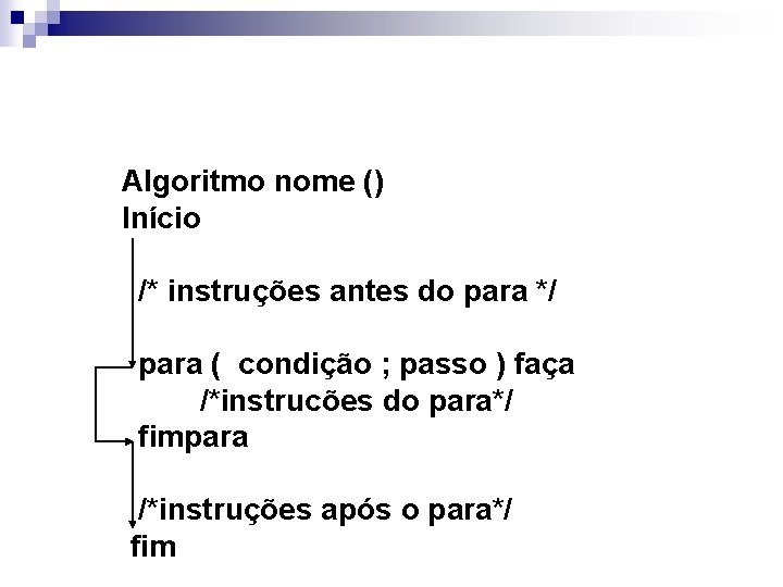 Algoritmo nome () Início /* instruções antes do para */ para ( condição ;