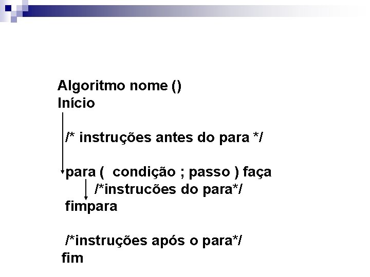 Algoritmo nome () Início /* instruções antes do para */ para ( condição ;