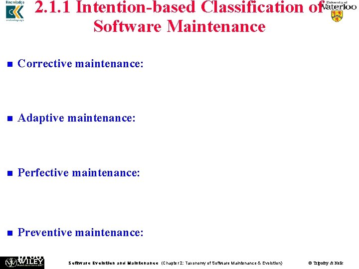 2. 1. 1 Intention-based Classification of Software Maintenance activities are divided into four groups: