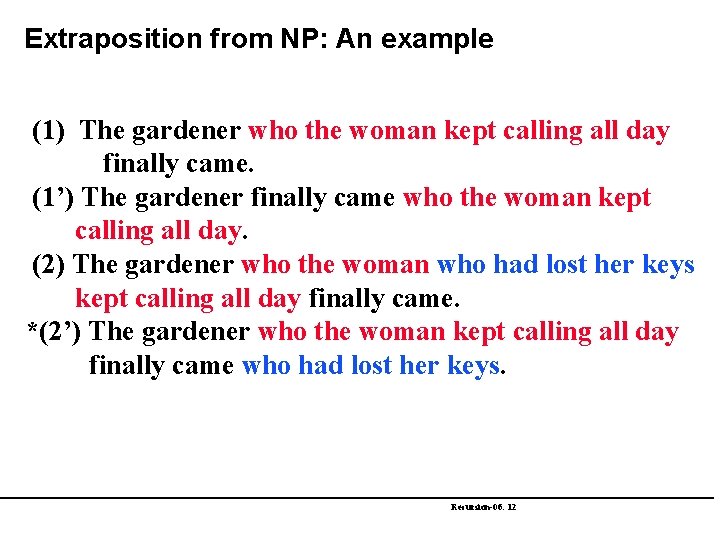 Extraposition from NP: An example (1) The gardener who the woman kept calling all
