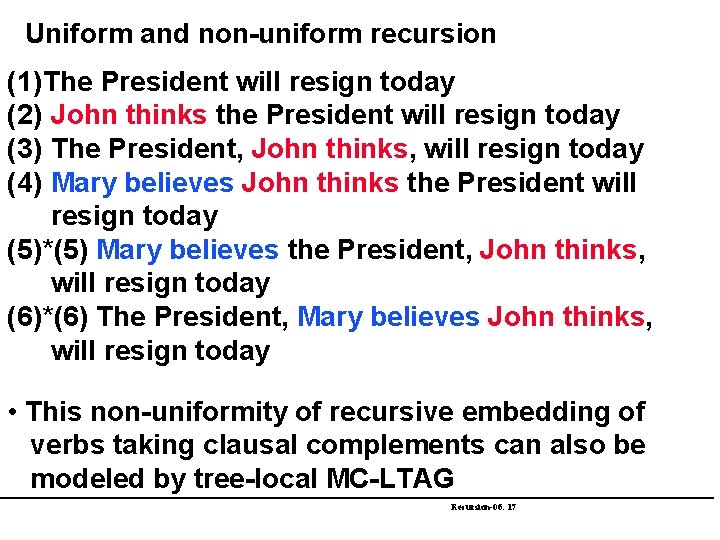Uniform and non-uniform recursion (1) The President will resign today (2) John thinks the