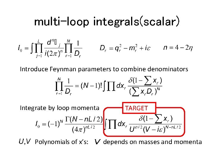 multi-loop integrals(scalar) Introduce Feynman parameters to combine denominators Integrate by loop momenta Polynomials of