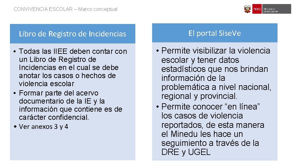 CONVIVENCIA ESCOLAR – Marco conceptual Libro de Registro de Incidencias • Todas las IIEE