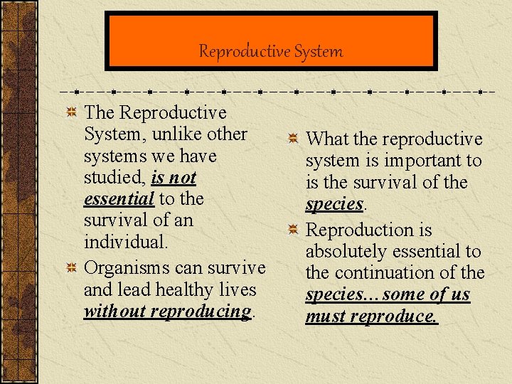 Reproductive System The Reproductive System, unlike other systems we have studied, is not essential