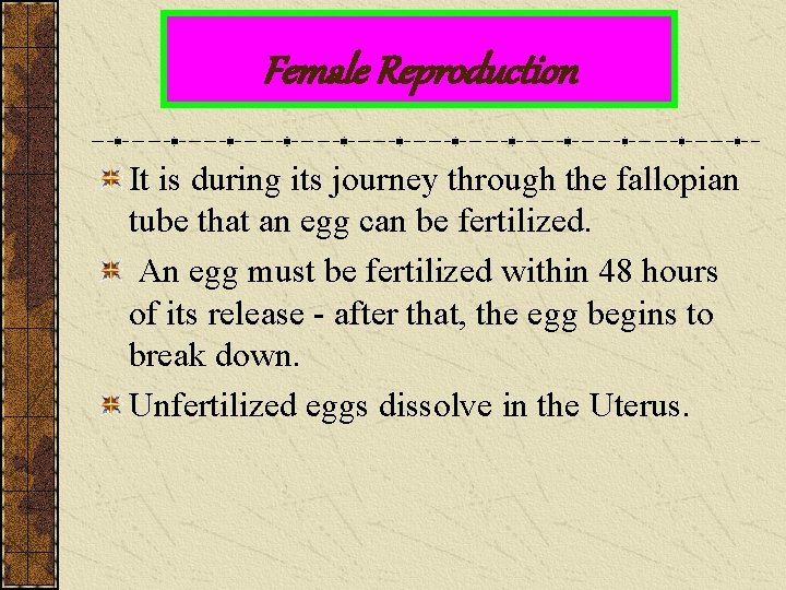 Female Reproduction It is during its journey through the fallopian tube that an egg