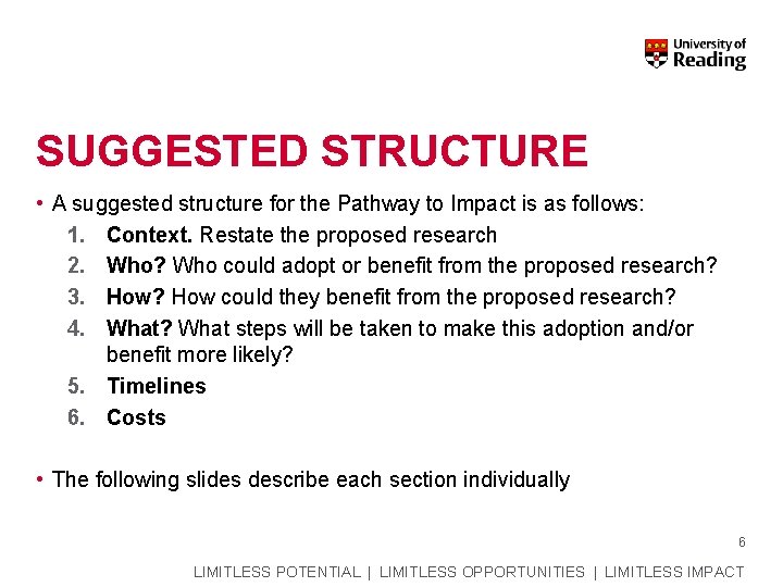 SUGGESTED STRUCTURE • A suggested structure for the Pathway to Impact is as follows: