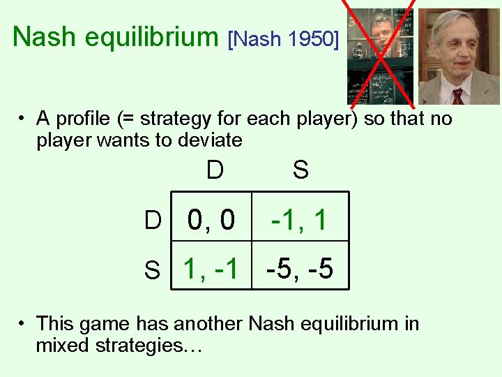 Nash equilibrium [Nash 1950] • A profile (= strategy for each player) so that