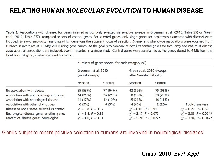 RELATING HUMAN MOLECULAR EVOLUTION TO HUMAN DISEASE Genes subjet to recent positive selection in