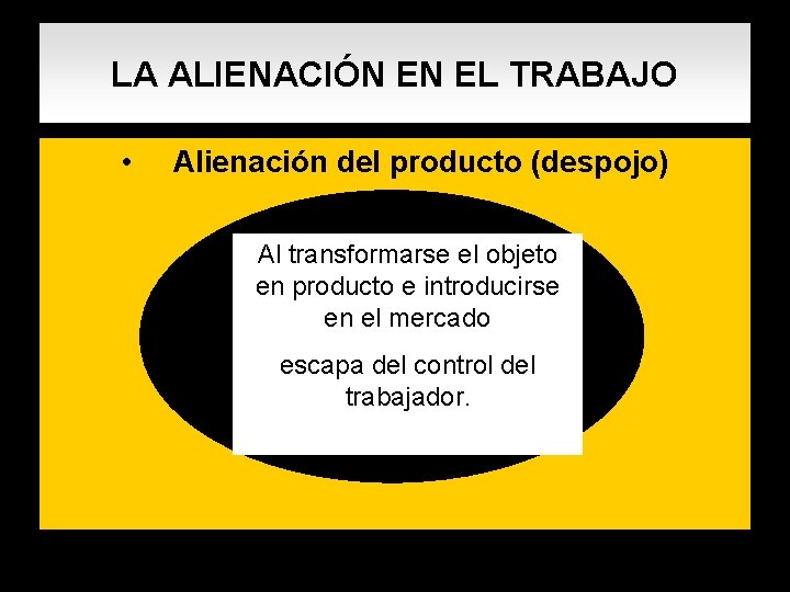 LA ALIENACIÓN EN EL TRABAJO • Alienación del producto (despojo) Al transformarse el objeto LA ALIENACIÓN EN EL TRABAJO • Alienación del producto (despojo) Al transformarse el objeto