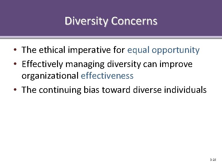 Diversity Concerns • The ethical imperative for equal opportunity • Effectively managing diversity can
