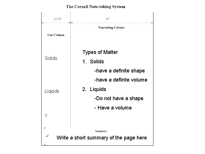 Taking Notes Types of Matter Solids 1. Solids -have a definite shape -have a