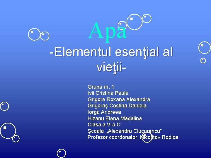 Apa -Elementul esenţial al vieţii. Grupa nr. 1 Ivli Cristina Paula Grigore Roxana Alexandra