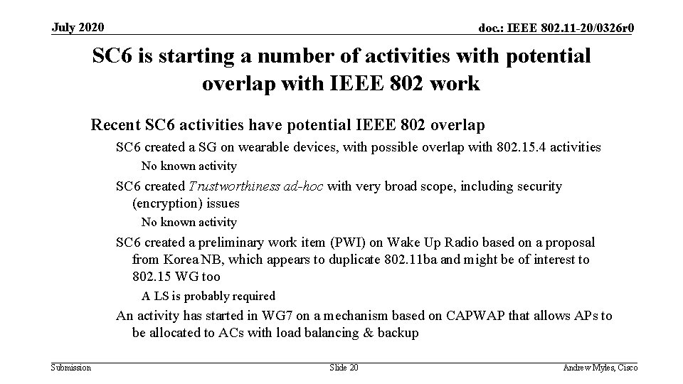 July 2020 doc. : IEEE 802. 11 -20/0326 r 0 SC 6 is starting