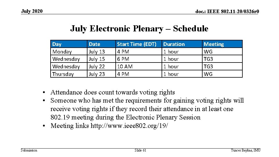 July 2020 doc. : IEEE 802. 11 -20/0326 r 0 July Electronic Plenary –