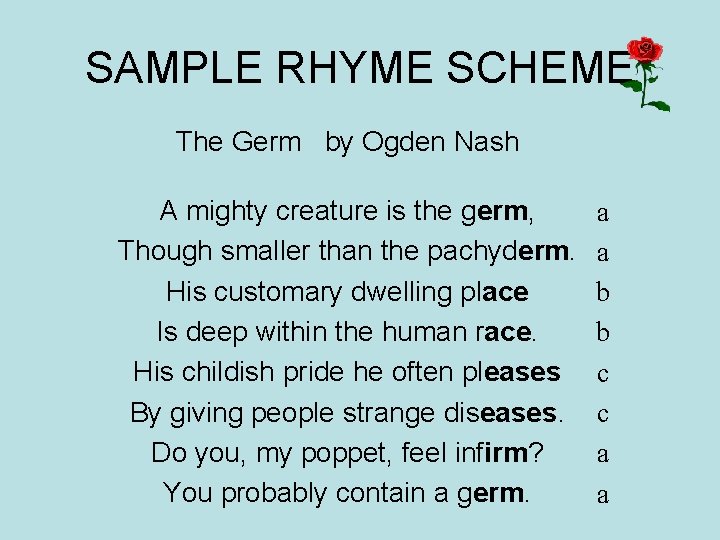 SAMPLE RHYME SCHEME The Germ by Ogden Nash A mighty creature is the germ,