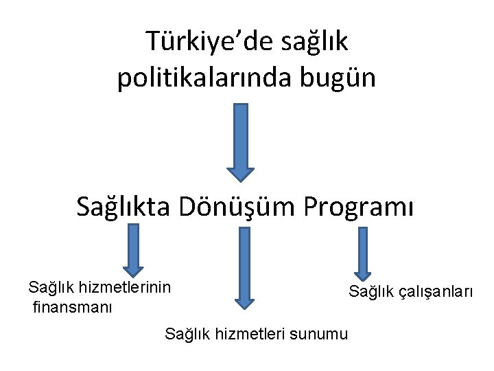 Türkiye’de sağlık politikalarında bugün Sağlıkta Dönüşüm Programı Sağlık hizmetlerinin finansmanı Sağlık hizmetleri sunumu Sağlık