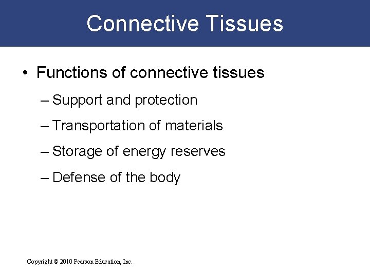 Connective Tissues • Functions of connective tissues – Support and protection – Transportation of