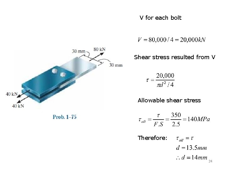 V for each bolt Shear stress resulted from V Allowable shear stress Therefore: 24