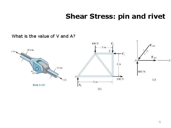 Shear Stress: pin and rivet What is the value of V and A? 5