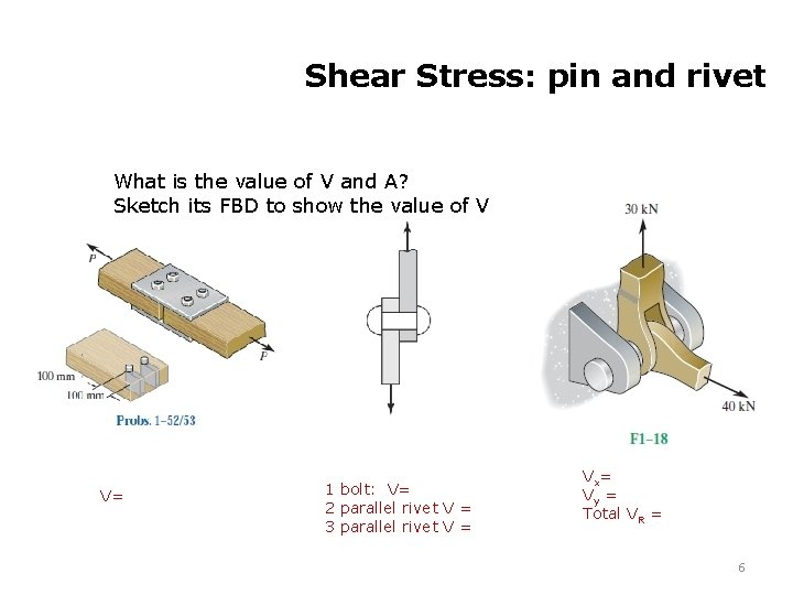 Shear Stress: pin and rivet What is the value of V and A? Sketch