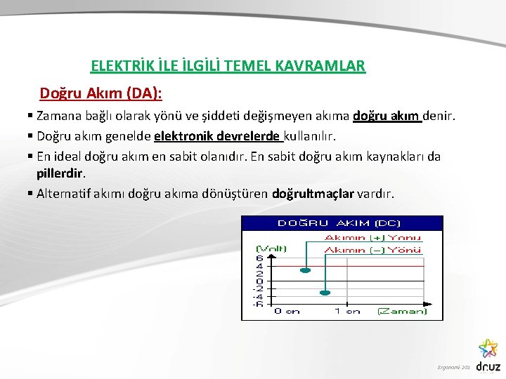 ELEKTRİK İLE İLGİLİ TEMEL KAVRAMLAR Doğru Akım (DA): § Zamana bağlı olarak yönü ve