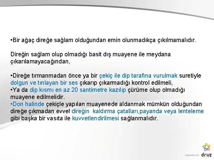 • Bir ağaç direğe sağlam olduğundan emin olunmadıkça çıkılmamalıdır. Direğin sağlam olup olmadığı • Bir ağaç direğe sağlam olduğundan emin olunmadıkça çıkılmamalıdır. Direğin sağlam olup olmadığı