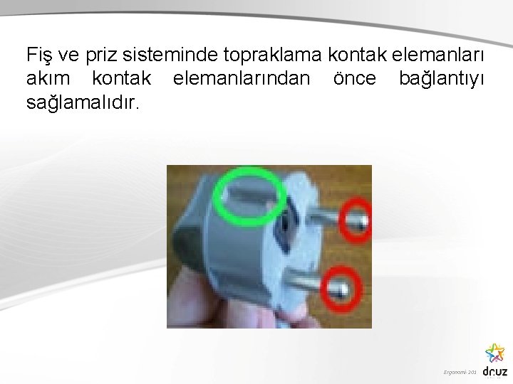 Fiş ve priz sisteminde topraklama kontak elemanları akım kontak elemanlarından önce bağlantıyı sağlamalıdır. Ergonomi-201