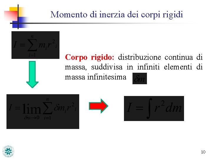 Momento di inerzia dei corpi rigidi Corpo rigido: distribuzione continua di massa, suddivisa in