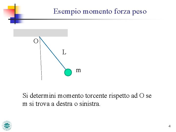 Esempio momento forza peso O L m Si determini momento torcente rispetto ad O