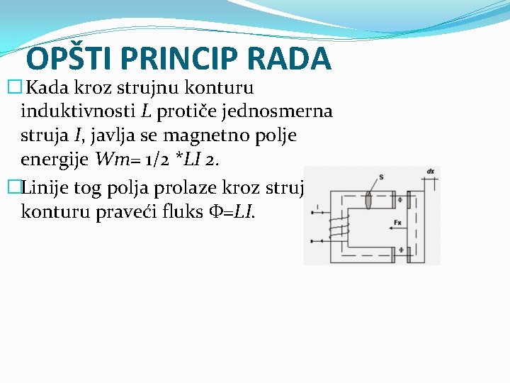OPŠTI PRINCIP RADA � Kada kroz strujnu konturu induktivnosti L protiče jednosmerna struja I, OPŠTI PRINCIP RADA � Kada kroz strujnu konturu induktivnosti L protiče jednosmerna struja I,