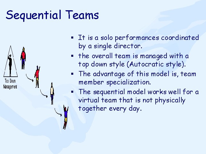 Sequential Teams § It is a solo performances coordinated by a single director. §