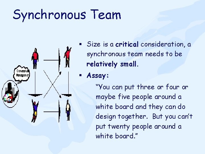 Synchronous Team § Size is a critical consideration, a synchronous team needs to be
