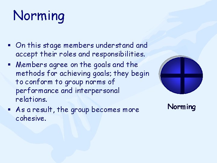 Norming § On this stage members understand accept their roles and responsibilities. § Members