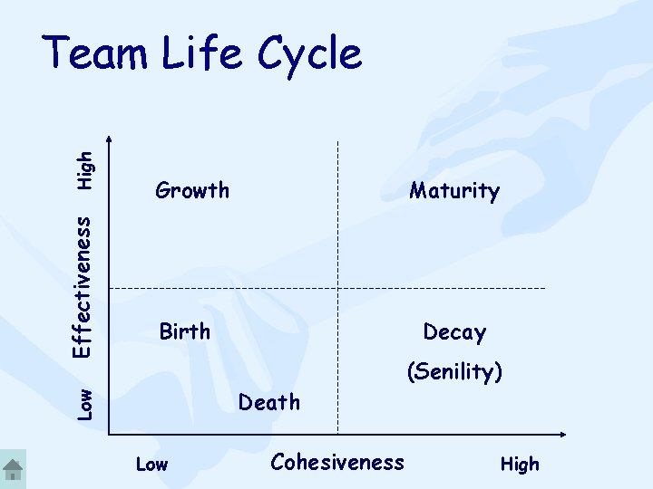 Growth Maturity Birth Decay (Senility) Death Low Effectiveness High Team Life Cycle Low Cohesiveness