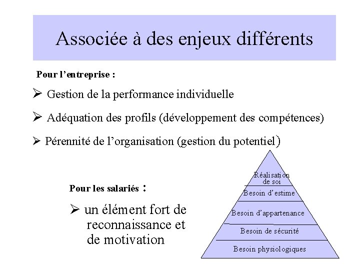 Associée à des enjeux différents Pour l’entreprise : Ø Gestion de la performance individuelle