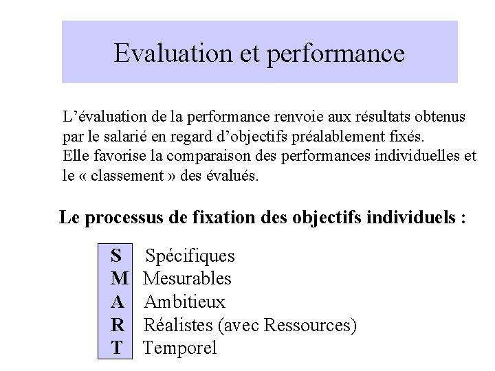 Evaluation et performance L’évaluation de la performance renvoie aux résultats obtenus par le salarié