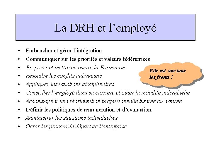 La DRH et l’employé • • • Embaucher et gérer l’intégration Communiquer sur les