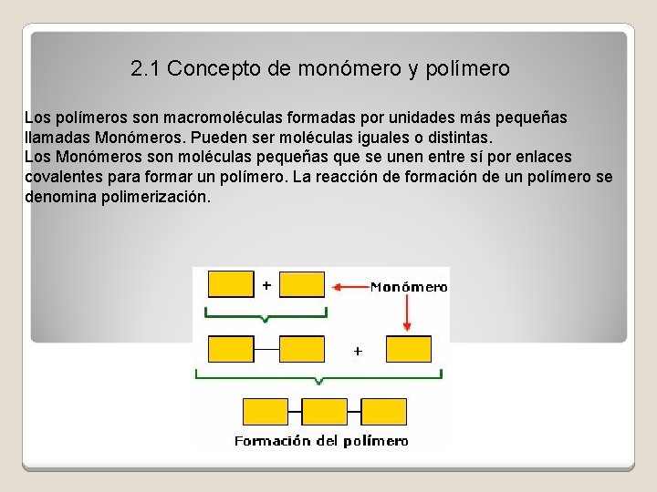 2. 1 Concepto de monómero y polímero Los polímeros son macromoléculas formadas por unidades 2. 1 Concepto de monómero y polímero Los polímeros son macromoléculas formadas por unidades