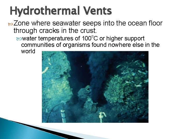 Hydrothermal Vents Zone where seawater seeps into the ocean floor through cracks in the