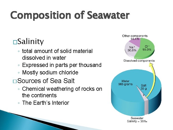 Composition of Seawater �Salinity ◦ total amount of solid material dissolved in water ◦