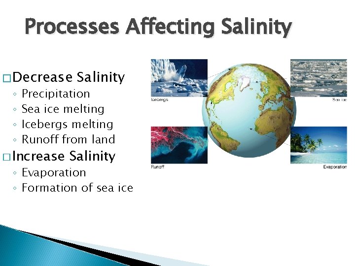 Processes Affecting Salinity �Decrease ◦ ◦ Salinity Precipitation Sea ice melting Icebergs melting Runoff