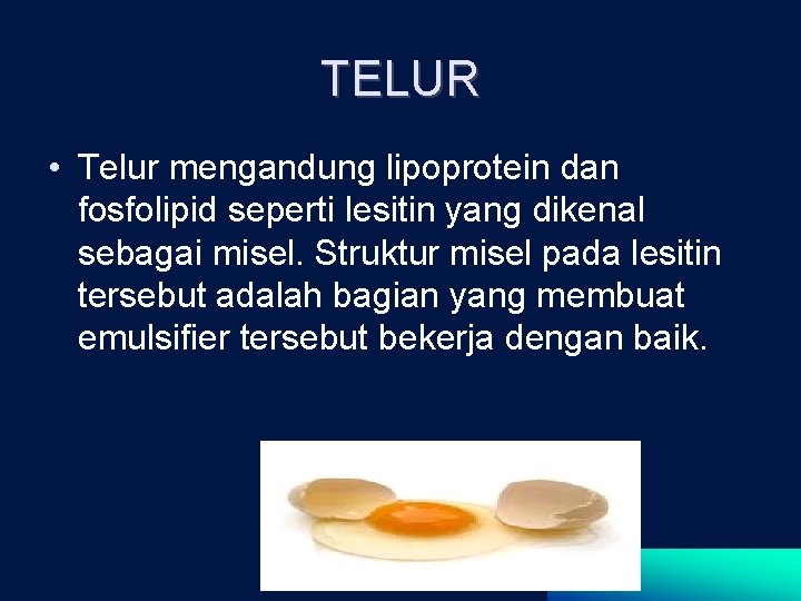 TELUR • Telur mengandung lipoprotein dan fosfolipid seperti lesitin yang dikenal sebagai misel. Struktur