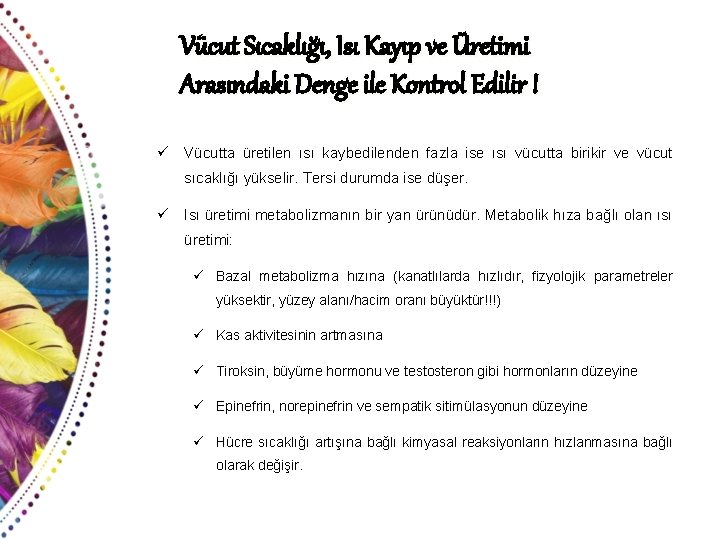 Vücut Sıcaklığı, Isı Kayıp ve Üretimi Arasındaki Denge ile Kontrol Edilir ! ü Vücutta