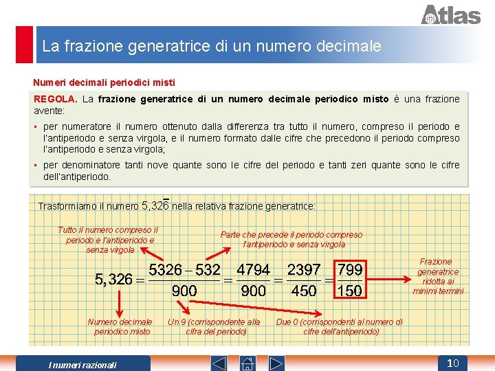 La frazione generatrice di un numero decimale Numeri decimali periodici misti REGOLA. La frazione