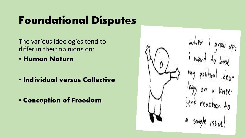Foundational Disputes The various ideologies tend to differ in their opinions on: • Human