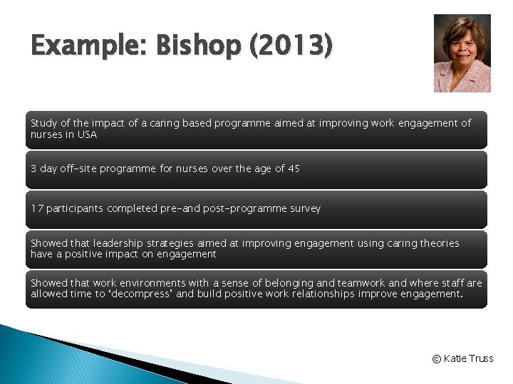 Example: Bishop (2013) Study of the impact of a caring based programme aimed at